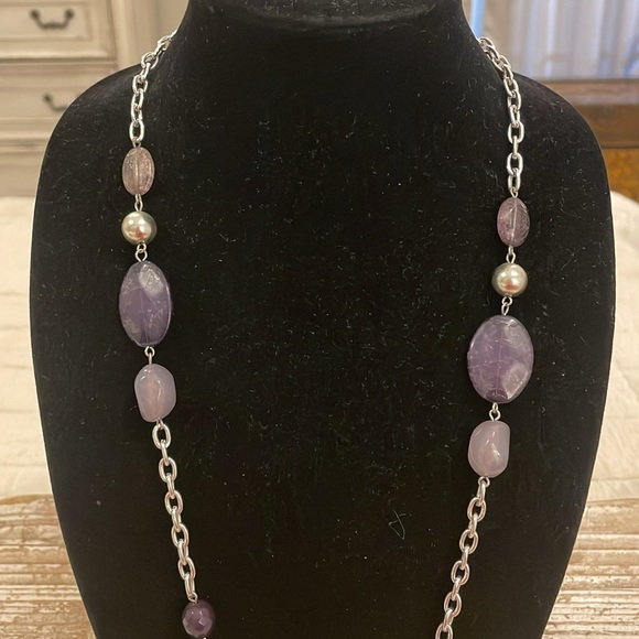 Vintage Silver Tone Purple Beaded Long Statement Necklace - Picture 3 of 4